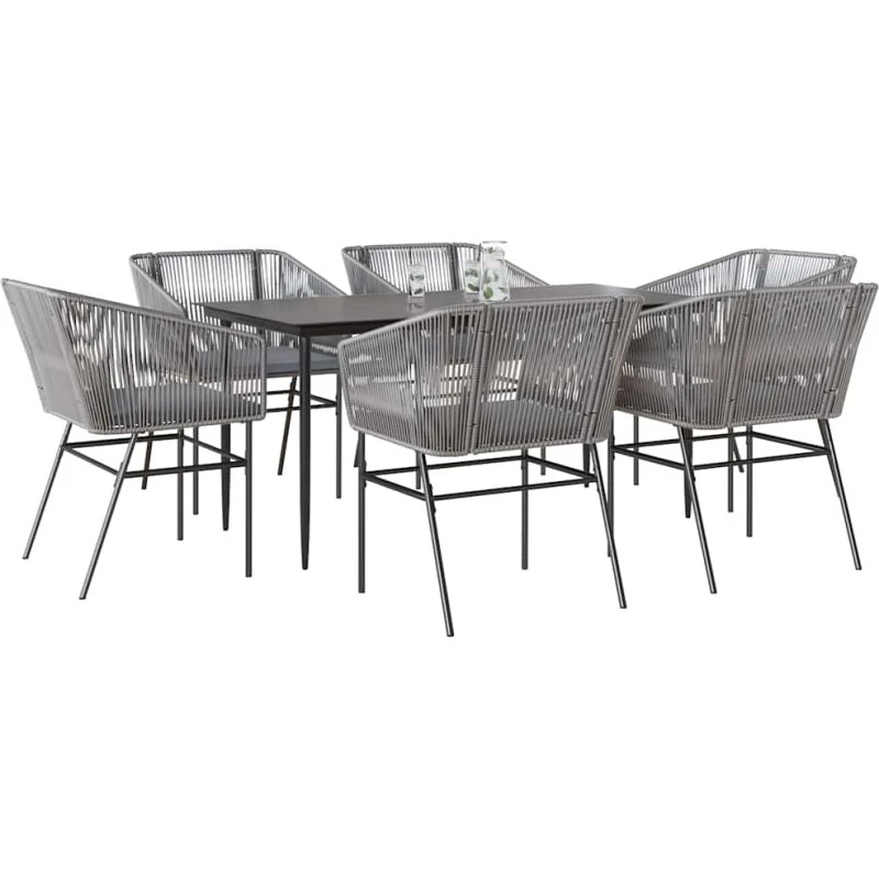 vidaXL 7-delers polyrattan spisebordssæt med glas, grå