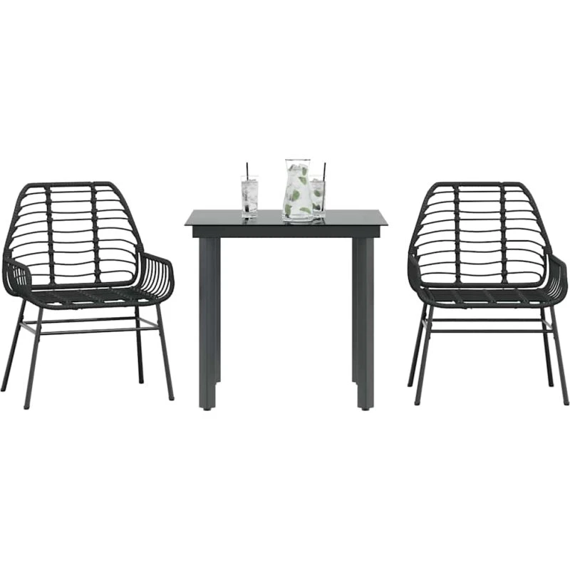 vidaXL 3-delers polyrattan spisebordssæt med glas, sort