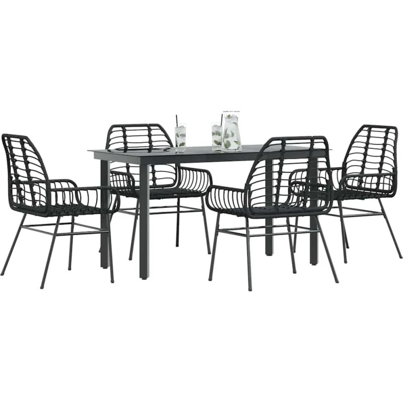 vidaXL 5-delers polyrattan spisebordssæt med glas, sort
