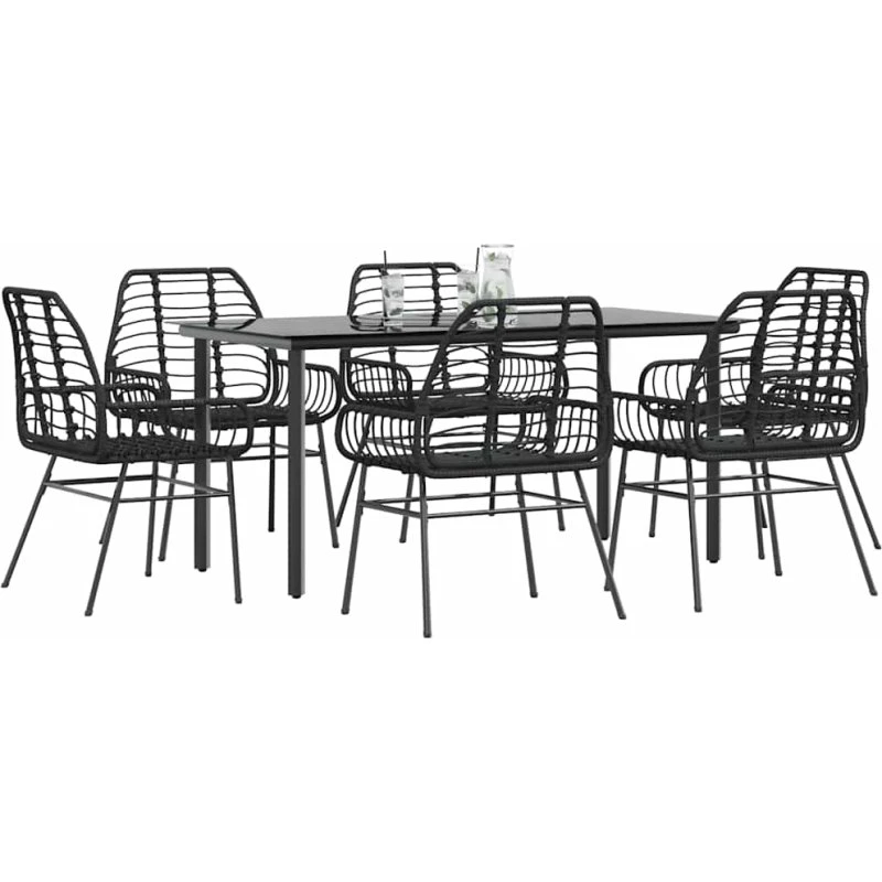 vidaXL 7-delers polyrattan spisebordssæt med glas, sort