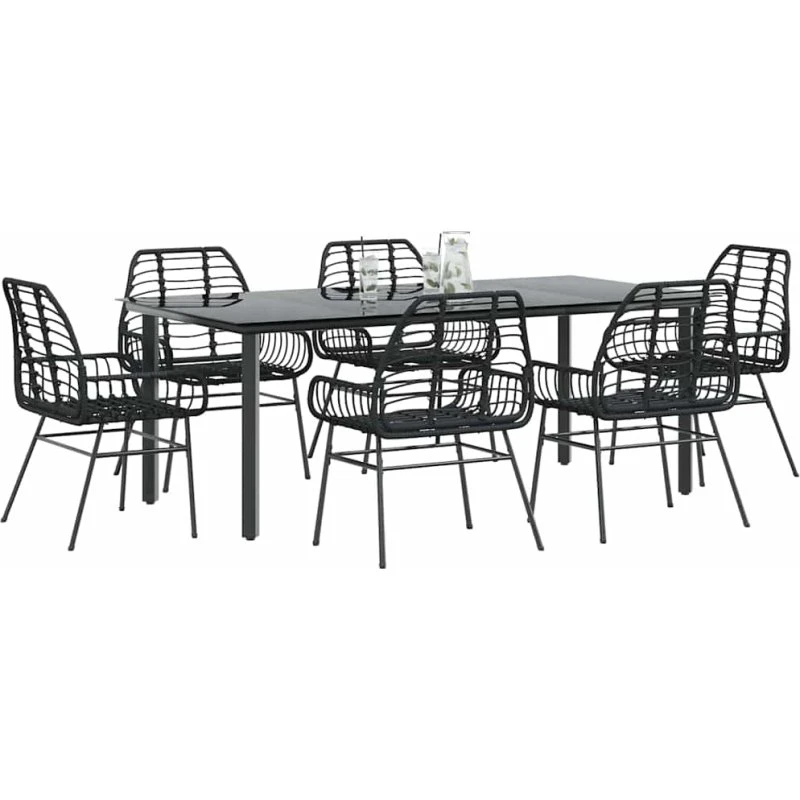 vidaXL 7-delers polyrattan spisebordssæt med glas, sort