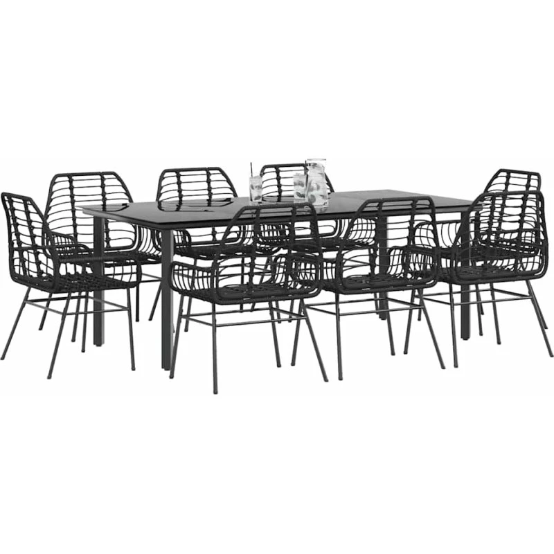 vidaXL 9-delers polyrattan spisebordssæt med glas, sort