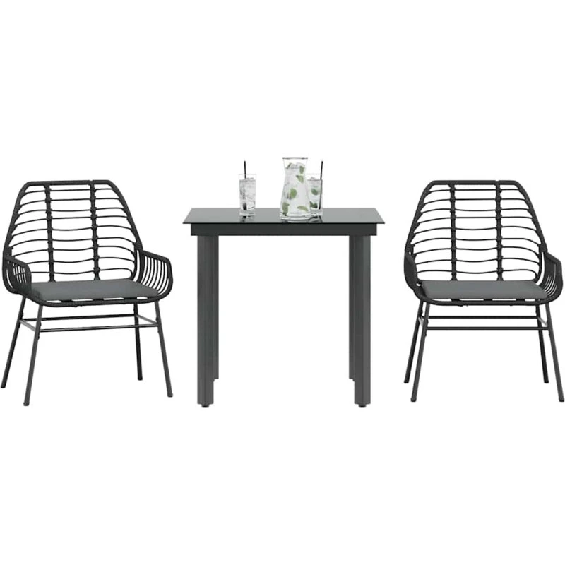vidaXL 3-delers spisebordssæt polyrattan glas sort