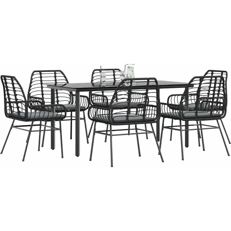 vidaXL 7-delers spisebordssæt polyrattan glas sort