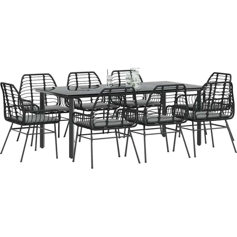 vidaXL 9-delers polyrattan spisebordssæt med glas, sort