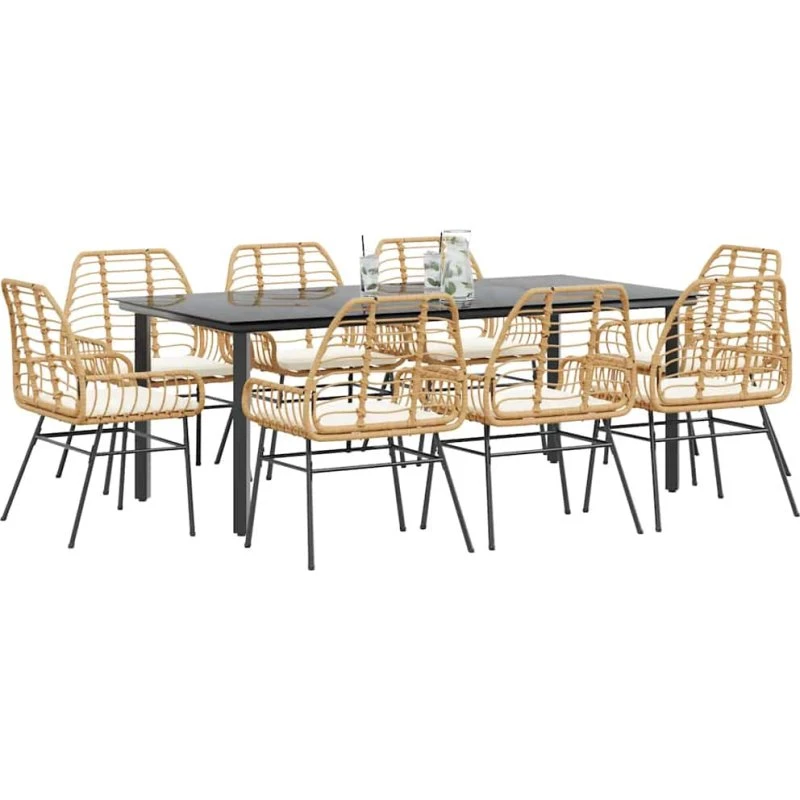 vidaXL 9-delers polyrattan spisebordssæt brun med glas