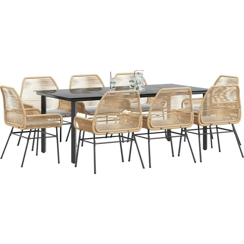 vidaXL 9-delers polyrattan spisebordssæt med glas, brun