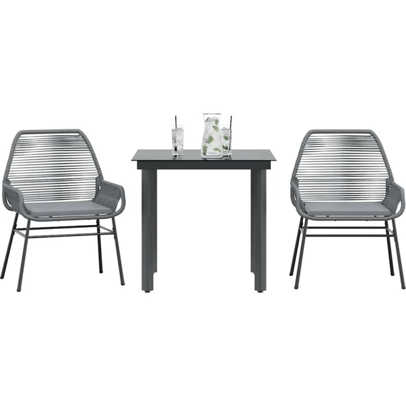 vidaXL 3-del spisebordssæt med hynder, polyrattan, glas, grå