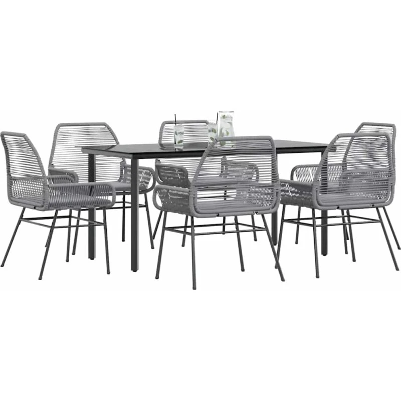vidaXL 7-delers polyrattan spisebordssæt med glas, grå