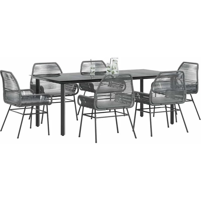 vidaXL 7-delers polyrattan spisebordssæt med glas, grå