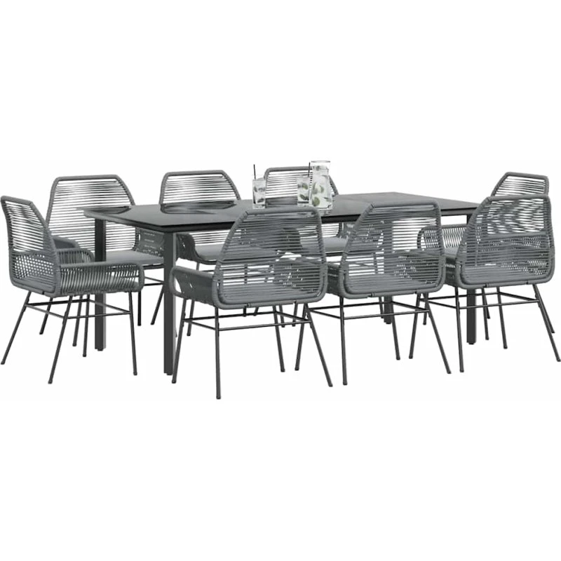 vidaXL 9-delers polyrattan spisebordssæt med glas, grå