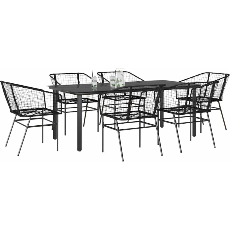vidaXL 7 dele polyrattan spisebordssæt med glas, sort