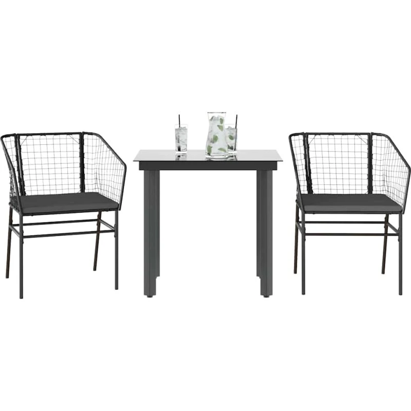 vidaXL 3-delers spisebordssæt polyrattan glas sort
