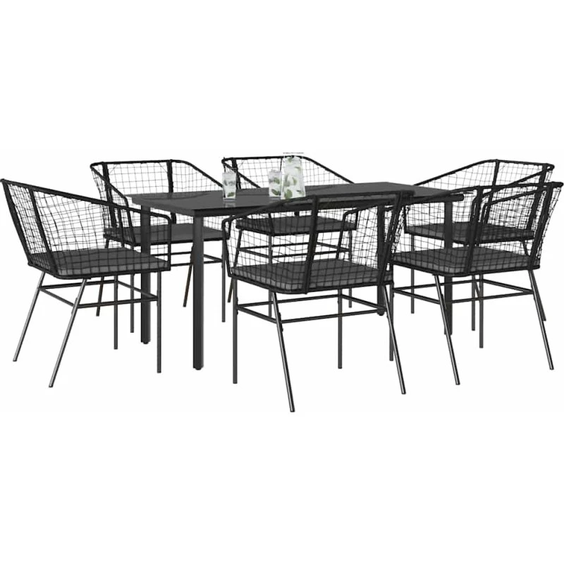 vidaXL 7-delers polyrattan spisebordssæt med glas, sort