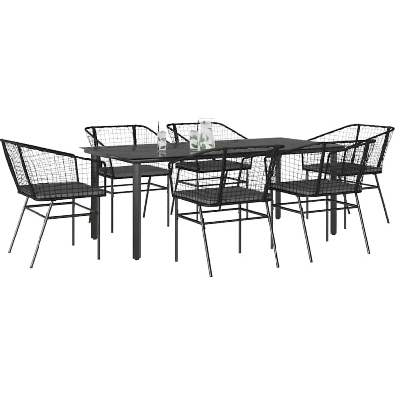 vidaXL 7-delers polyrattan spisebordssæt med glas, sort