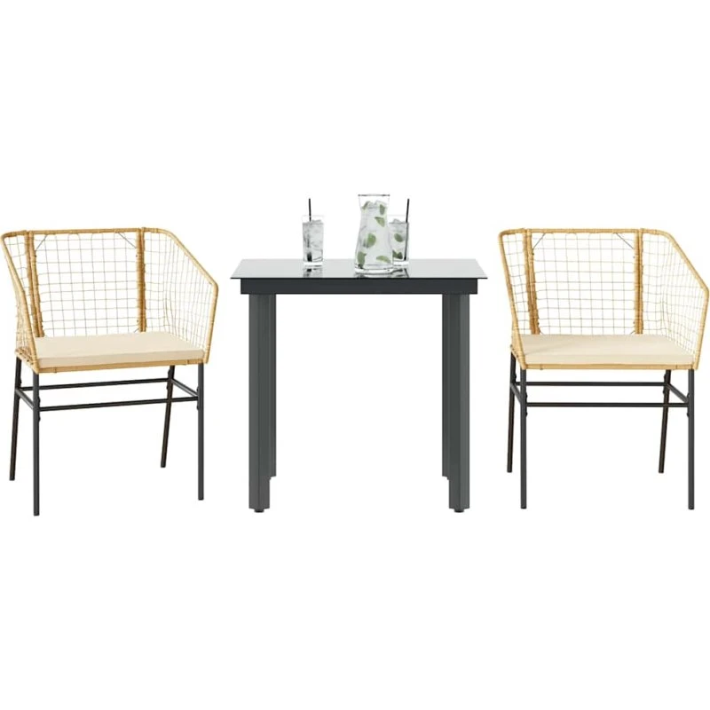 vidaXL 3-delers spisebordssæt polyrattan brun med glas