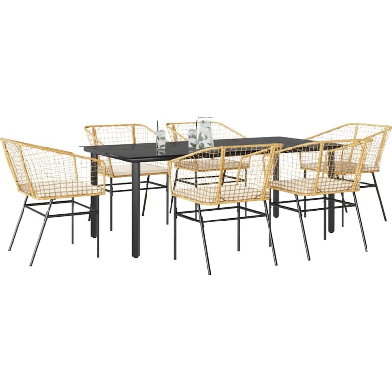 vidaXL 7-delers spisebordssæt polyrattan brun med glas