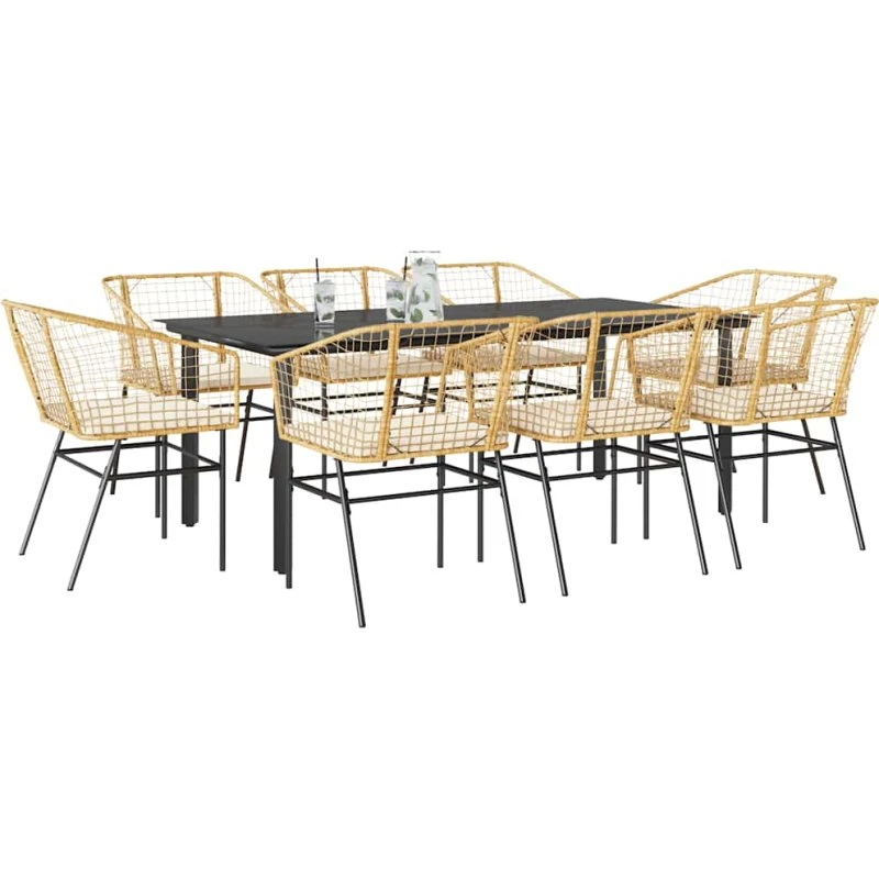 vidaXL 9-delers polyrattan spisebordssæt med glas, brun