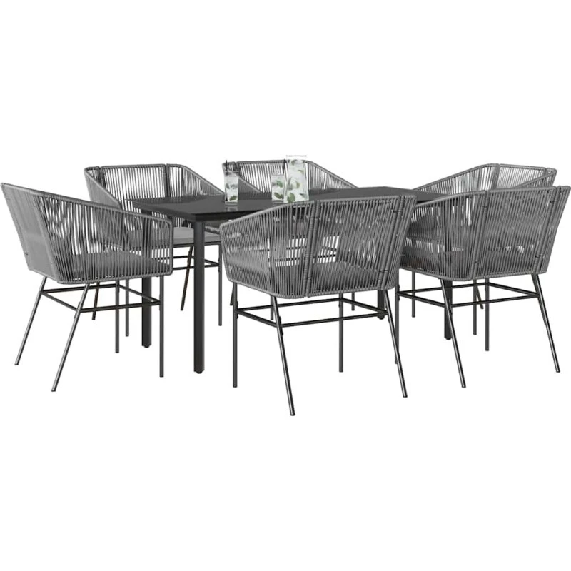 vidaXL 7-delers polyrattan spisebordssæt med glas, grå