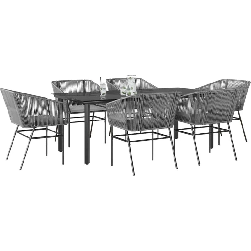 vidaXL 7-delers polyrattan spisebordssæt med glas, grå