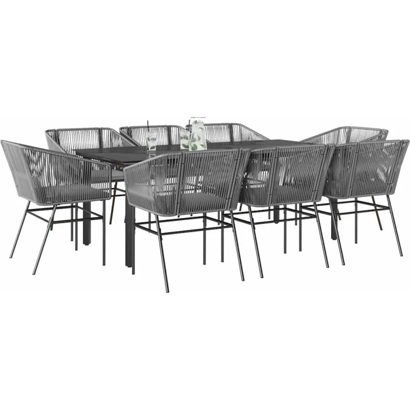 vidaXL 9-delers spisebordssæt med polyrattan og glas, grå
