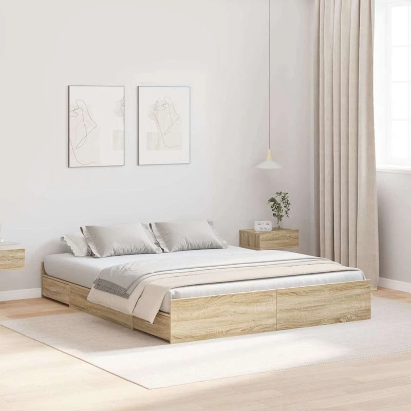 vidaXL Seng med opbevaring Sonoma-eg 140 x 190 cm Konstrueret træ
