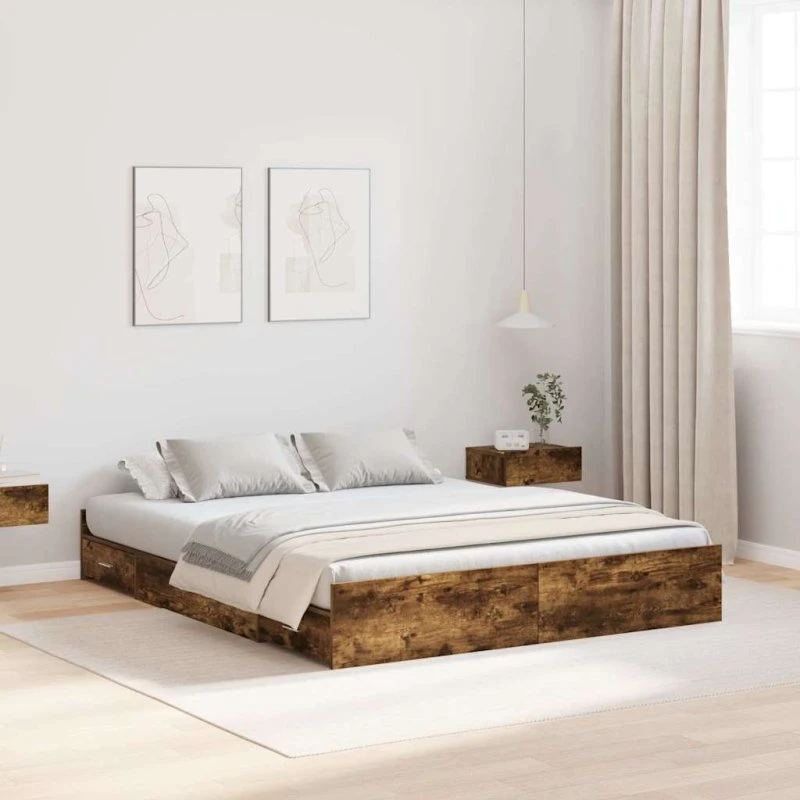 vidaXL Seng med opbevaring, røget eg 140 x 190 cm, konstrueret træ