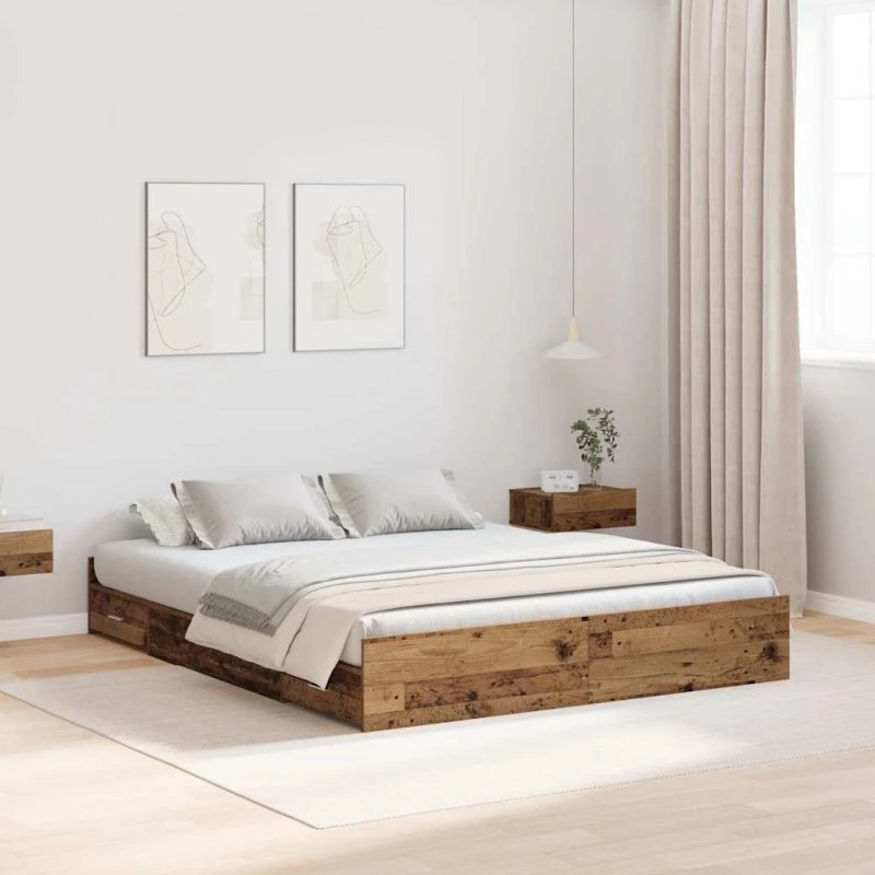 vidaXL Seng med opbevaring, gammelt træ, 135 x 190 cm