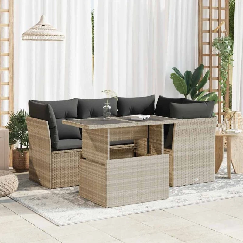 vidaXL 5-deles polyrattan sofasæt med hynder lysegrå