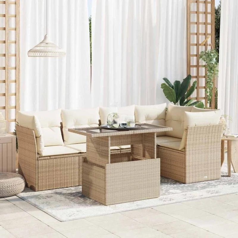 vidaXL 6-delssofasæt med hynder, polyrattan, beige