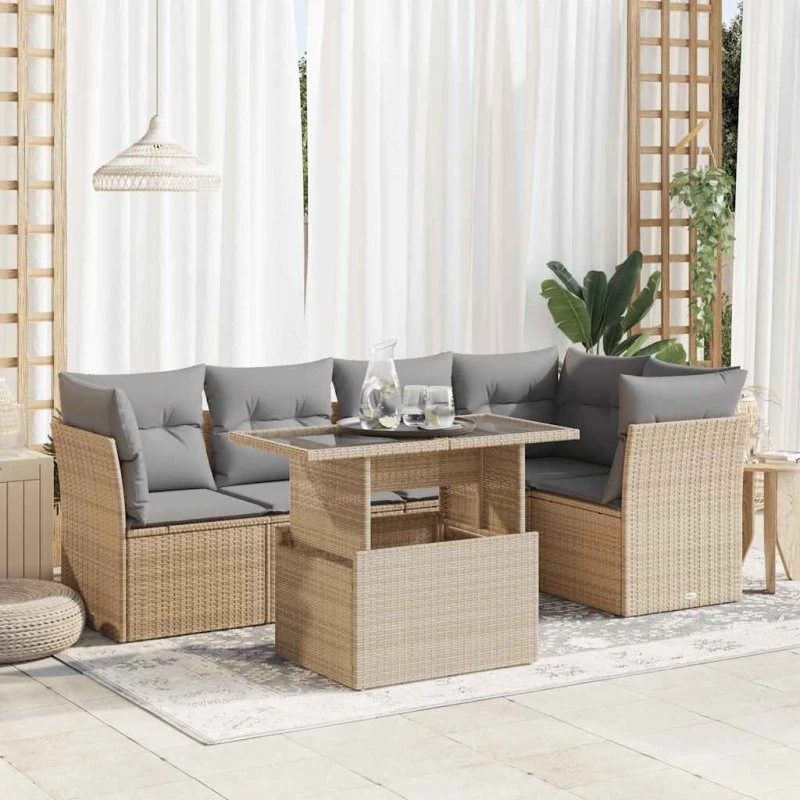 vidaXL 6-delssofasæt med hynder, polyrattan beige
