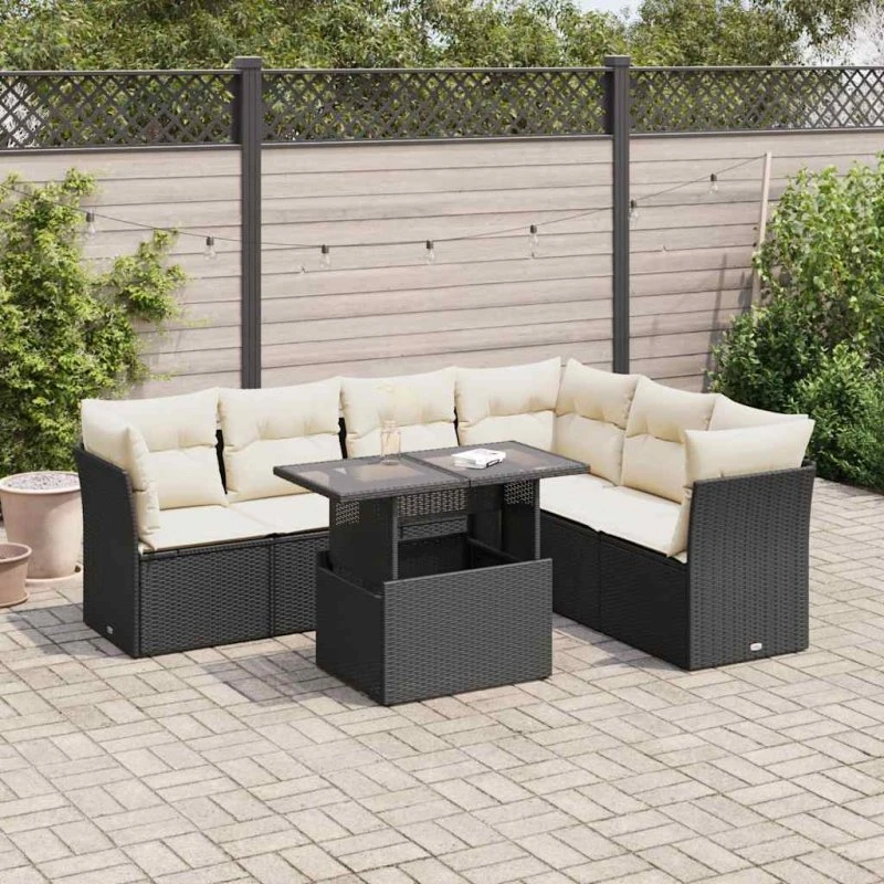 vidaXL 7-deles sofasæt med hynder polyrattan sort