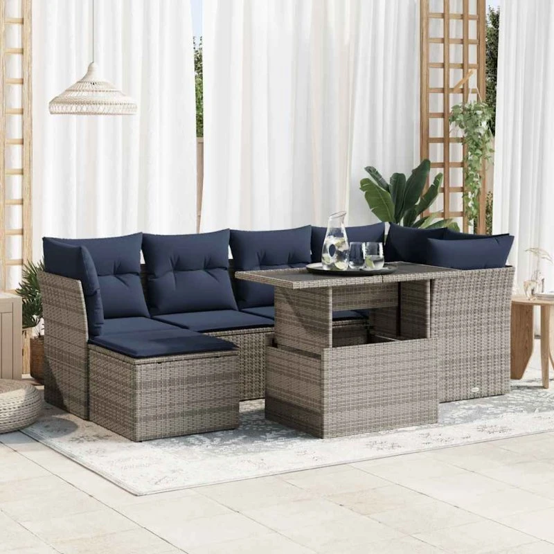 vidaXL 7-deles havesofa med hynder i polyrattan og akacietræ, grå