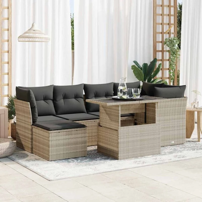 vidaXL 7-deligt polyrattan havesofasæt lysegrå med hynder