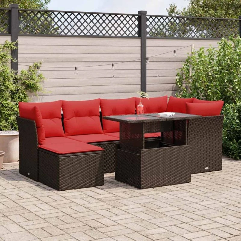 vidaXL 7-deles havesofasæt med hynder, polyrattan akacietræ brun