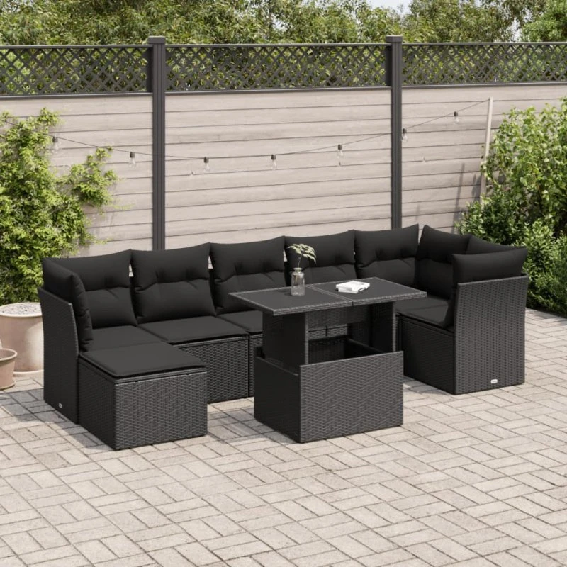 vidaXL 8-delssofasæt med hynder, polyrattan, sort