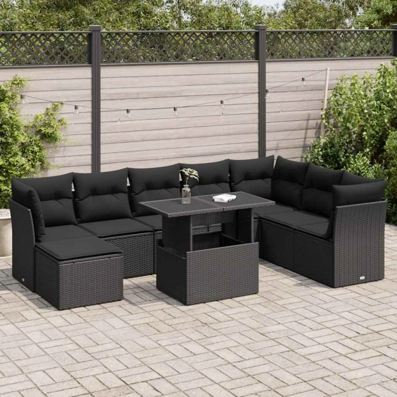 vidaXL 9-deles havesofasæt med hynder i polyrattan, sort