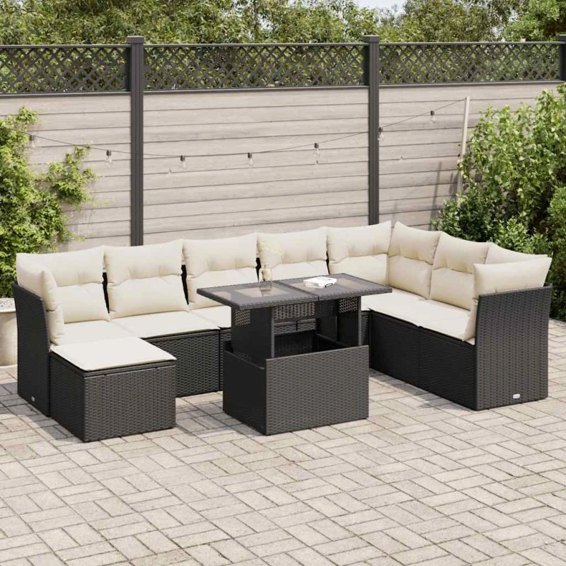 vidaXL 9-deles havesofasæt med hynder i polyrattan, sort