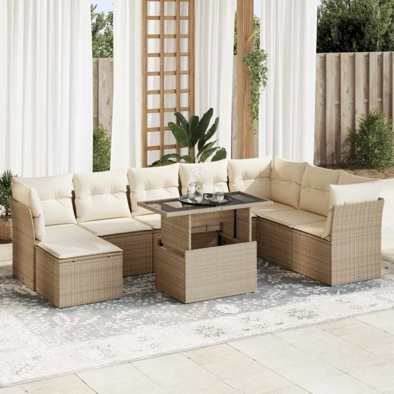 vidaXL 9-deles havesofasæt med hynder i polyrattan beige