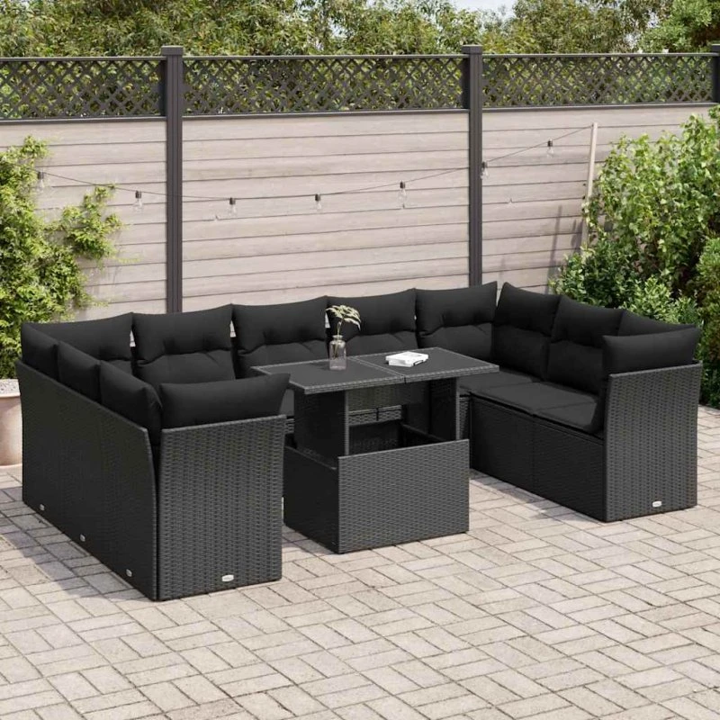 vidaXL 10-delssofasæt med hynder, polyrattan, sort