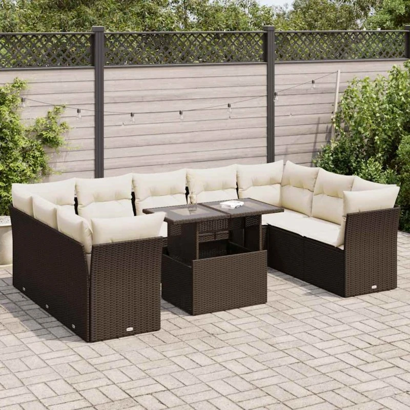 vidaXL 10-delssofasæt med hynder polyrattan brun