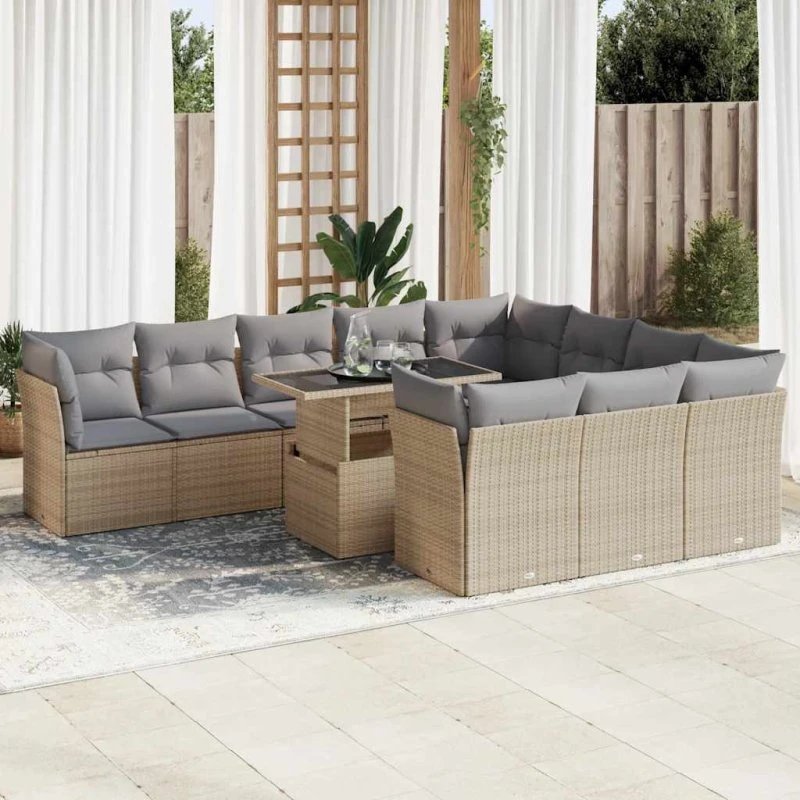 vidaXL 11-delssofasæt med hynder, polyrattan beige