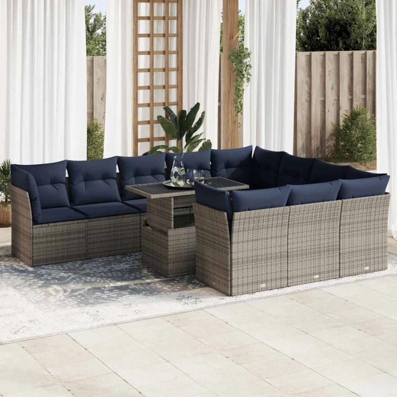 vidaXL 11-delens loungesæt med hynder i polyrattan og akacietræ, grå