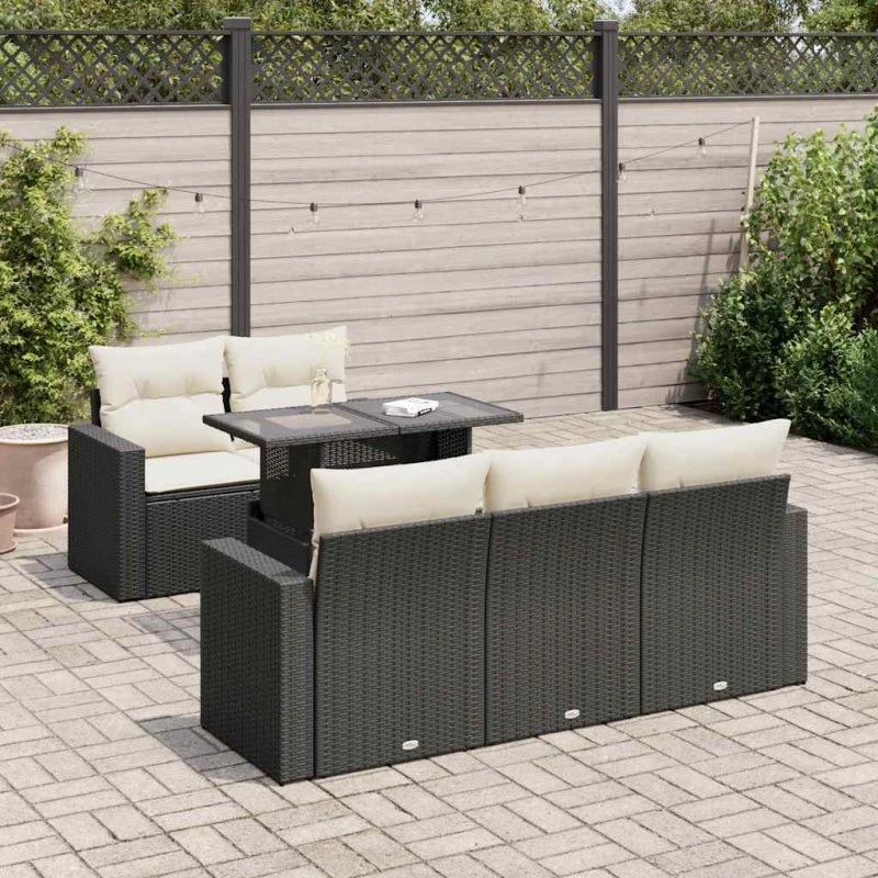 vidaXL 6-deligt sofasæt med polyrattan og hynder, sort