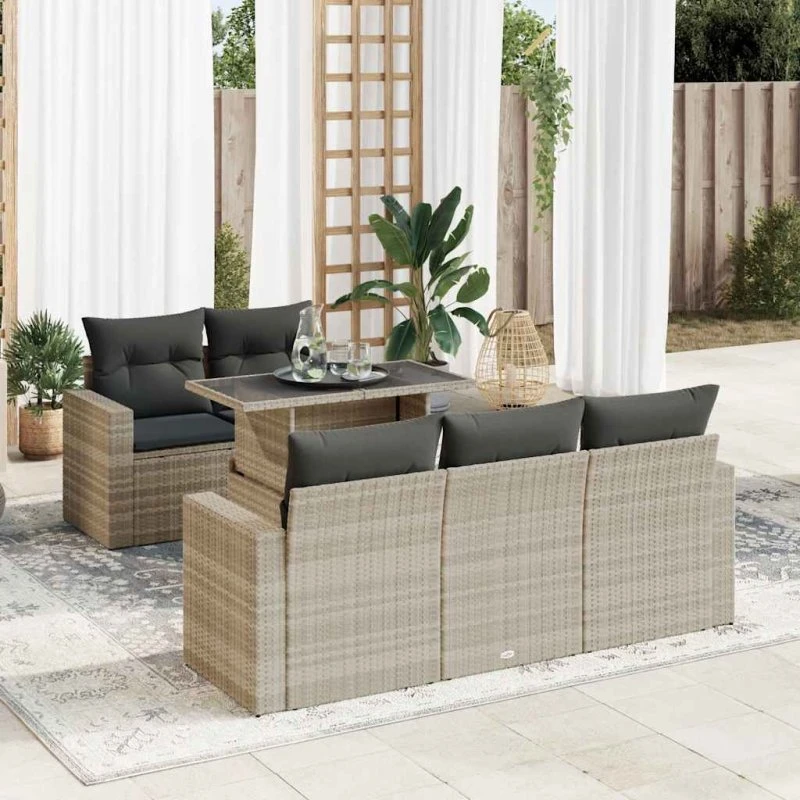 vidaXL 6-deligt polyrattan sofasæt med hynder lysegrå