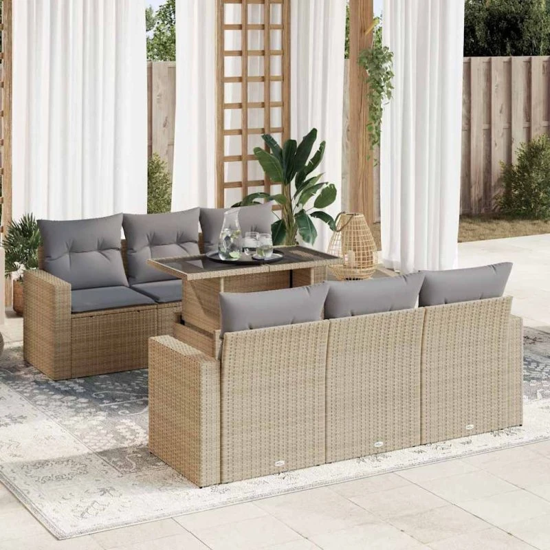 vidaXL 7-delssofasæt med hynder, polyrattan beige