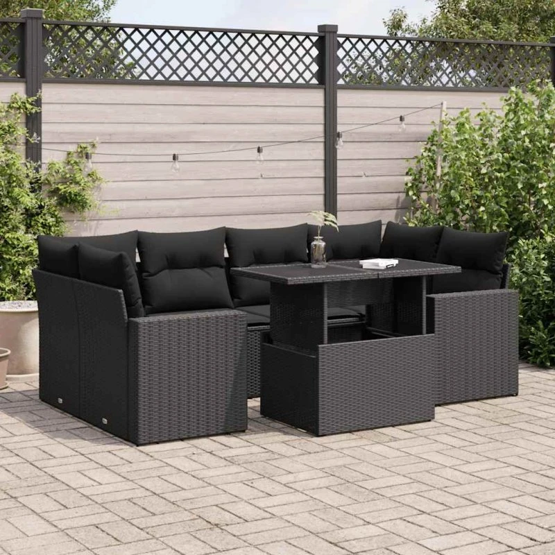 vidaXL 7-delssofasæt med hynder, polyrattan, sort