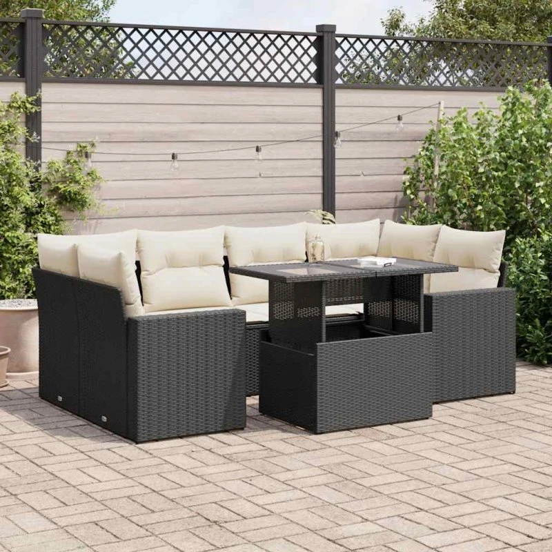 vidaXL 7-delssofasæt med hynder, polyrattan, sort