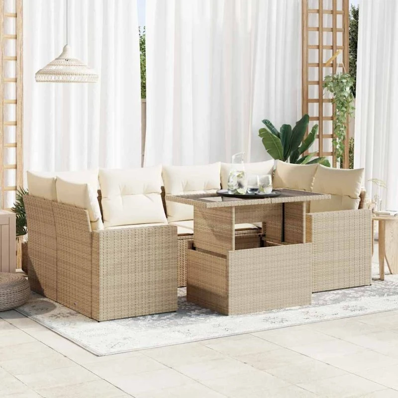 vidaXL 7-delssofasæt med hynder, polyrattan beige