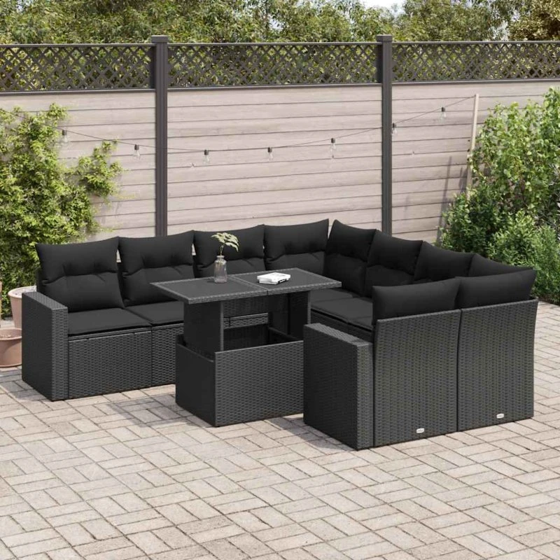 vidaXL 9-delssofasæt med hynder, polyrattan, sort